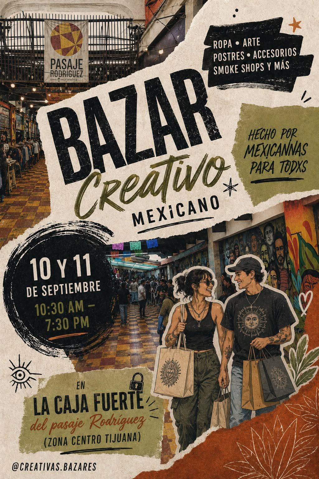 Bazar Creativo Mexicano: 10 y 11 de septiembre, 10:30 AM a 7:30 PM, en La Caja Fuerte del pasaje Rodríguez, Zona Centro Tijuana